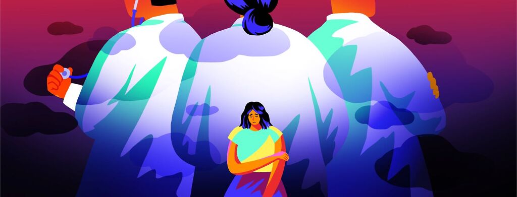 A woman with a sad expression stands in front of three doctors, who tower over her like mountains with their backs turned.