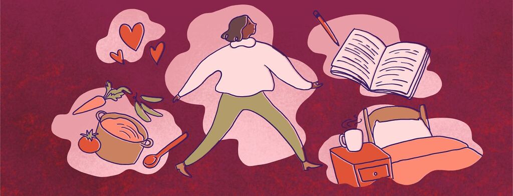 A woman moving forward as healthy food, a bed, a journal, and hearts float around her
