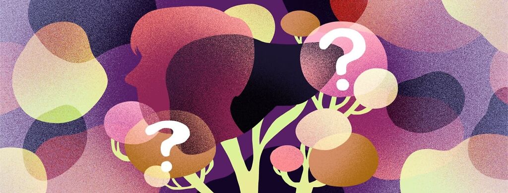 The silhouette of a liver is surrounded by question marks, branches representing bile ducts and a silhouette of a person's face