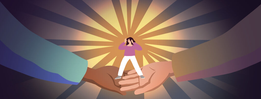 A woman supported by two large hands shouts as rays of light emerge from her
