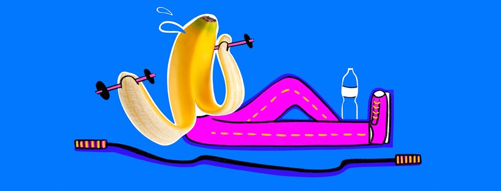 A banana sits on the floor and lifts weights