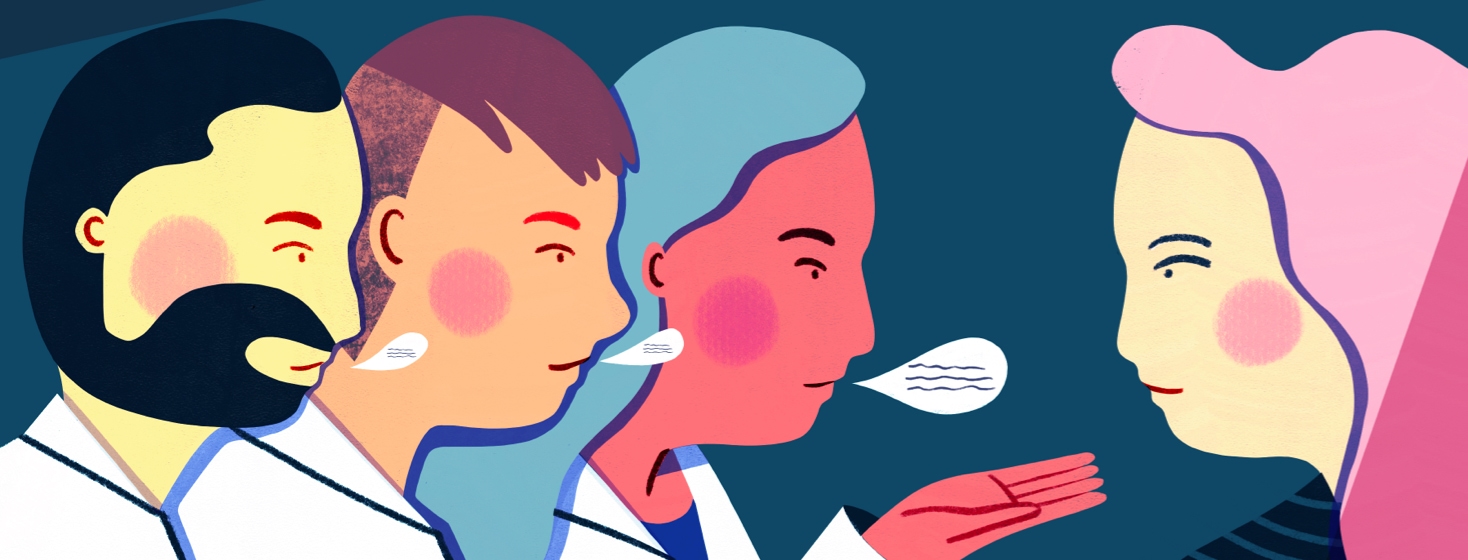 doctors talking to each other and then talking to a patient.